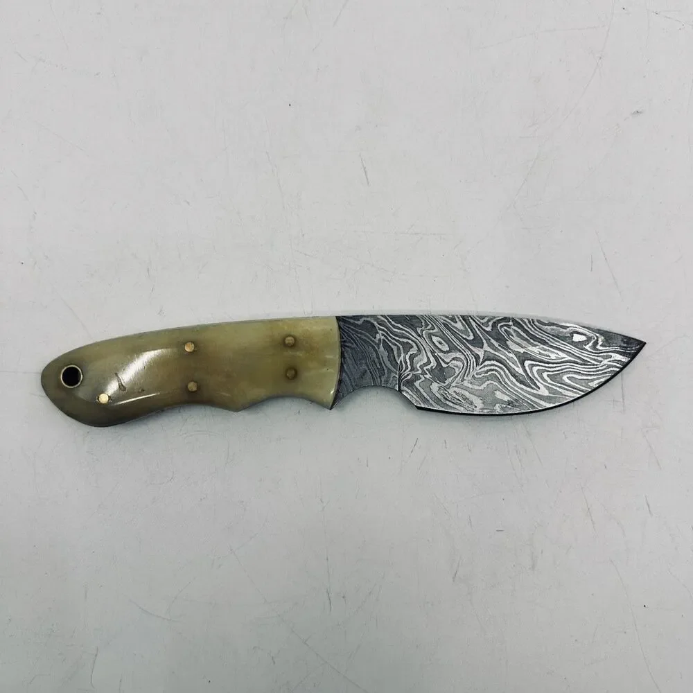 Handmade Damascus Steel Hunting Knife Bone Handle Leather Sheath